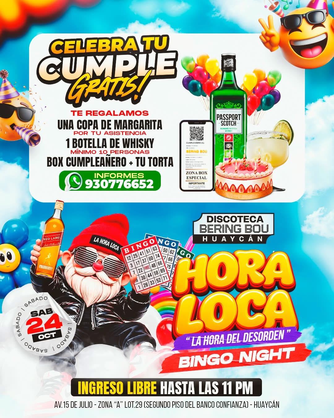 Celebra tu cumple gratis. Copa de margarita por tu asistencia; botella de whisky con mínimo diez personas; box cumpleañero y torta. Informes: 930776652.